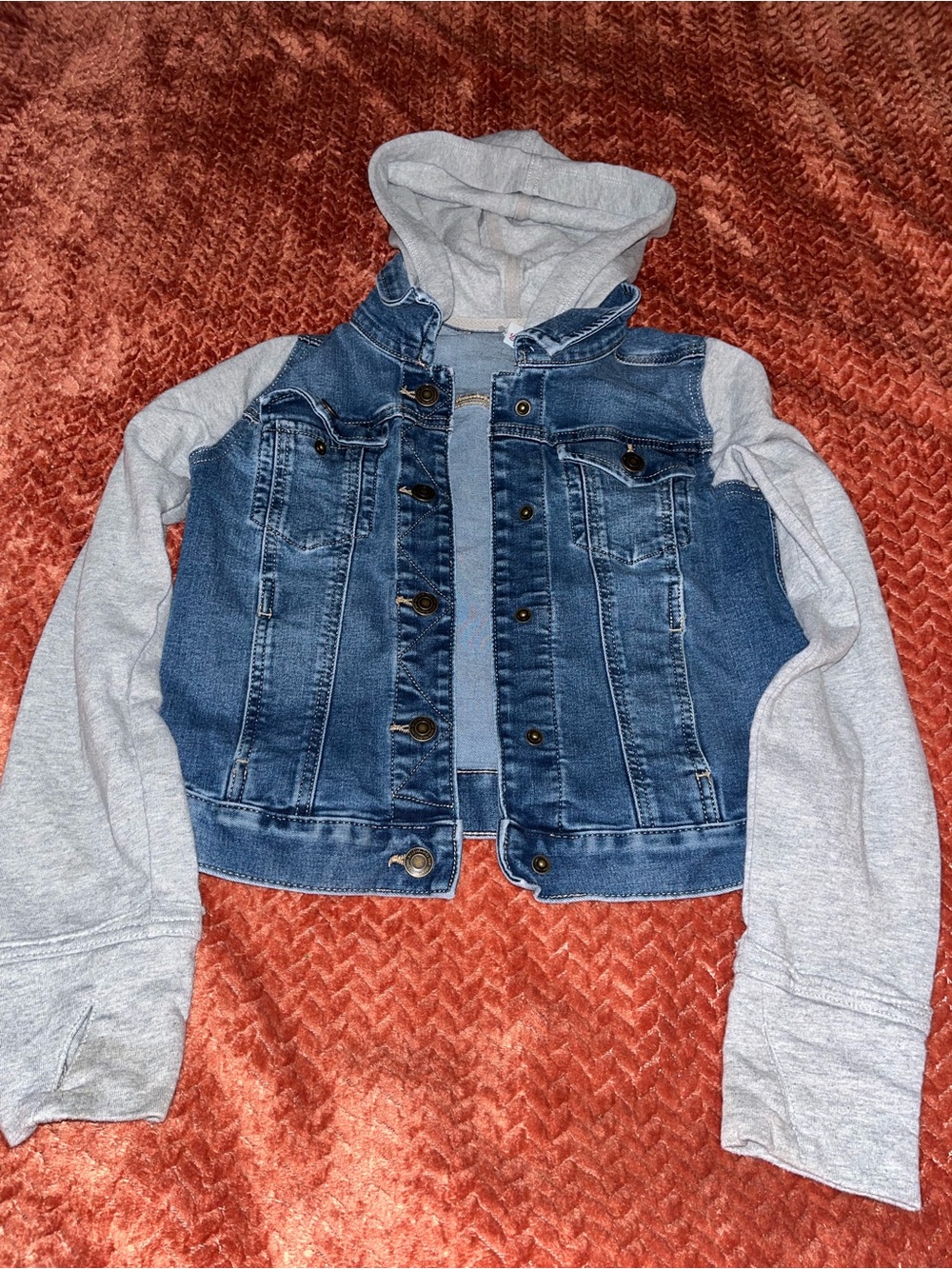 SO Girls' Blue Denim Jean Jacket with Light Gray Hood & Sleeves. SizeL